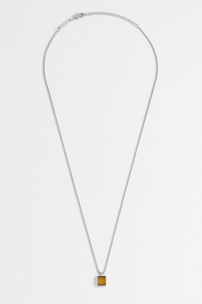 Estella Bartlett Men's Square Gemstone Pendant Necklace Waterproof PVD Rhodium Plated | Tigers Eye