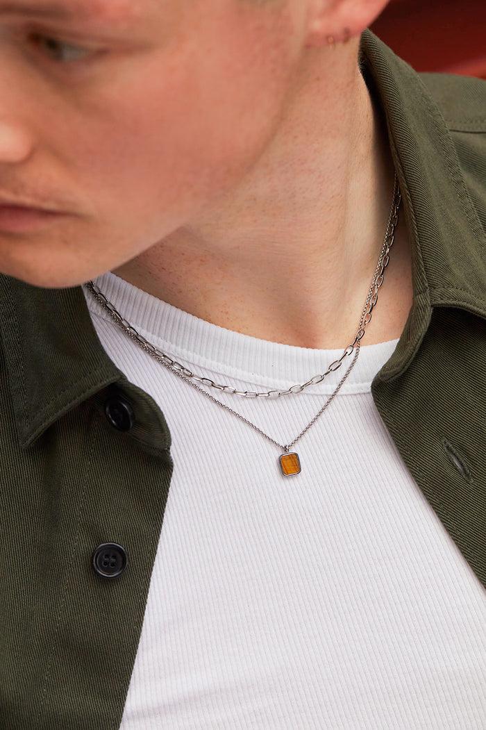Estella Bartlett Men's Square Gemstone Pendant Necklace Waterproof PVD Rhodium Plated | Tigers Eye