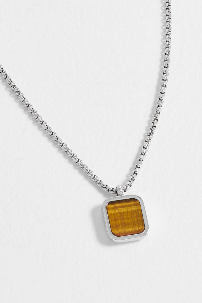 estella bartlett Men's Square Gemstone Pendant Necklace Waterproof PVD Rhodium Plated | Tigers Eye
