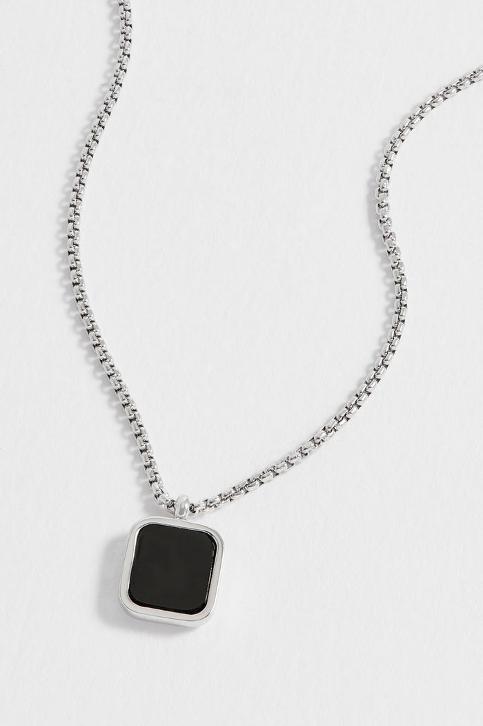 Estella Bartlett Men's Square Gemstone Pendant Necklace Waterproof PVD Rhodium Plated | Black Onyx