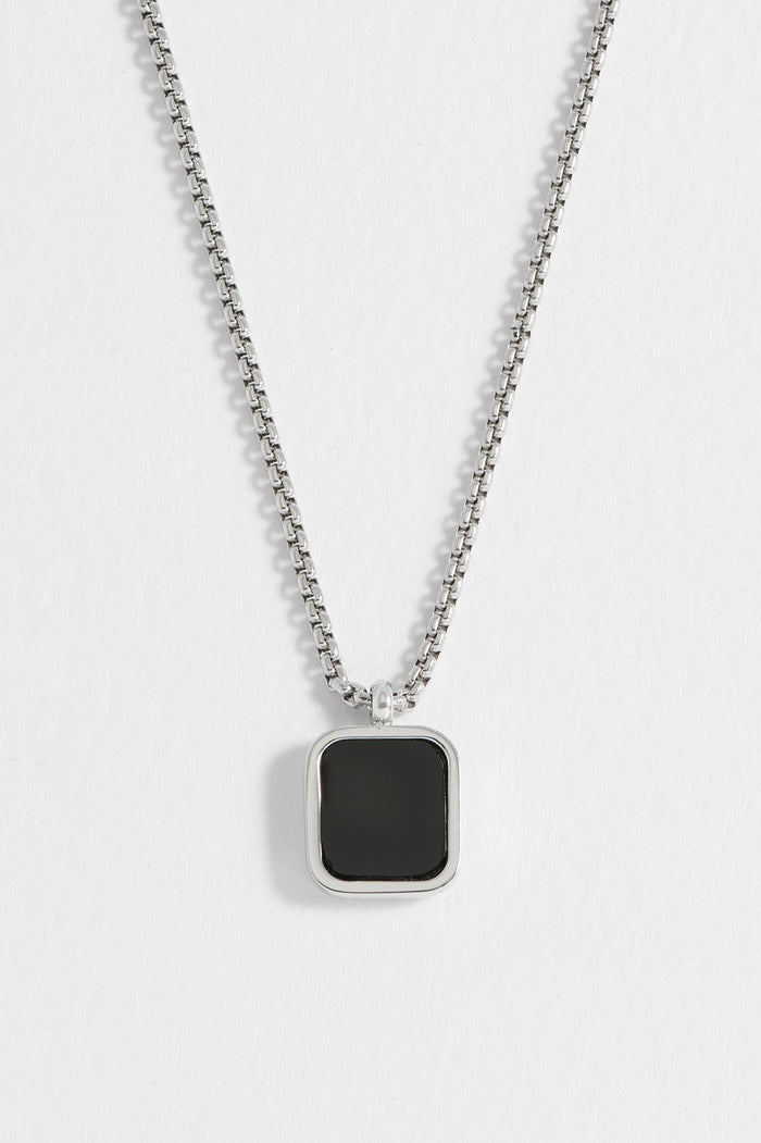 estella bartlett Men's Square Gemstone Pendant Necklace Waterproof PVD Rhodium Plated | Black Onyx