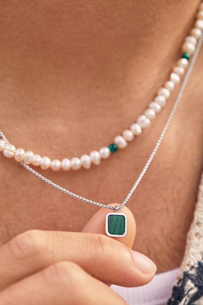 Estella Bartlett Men's Square Gemstone Pendant Necklace Waterproof PVD Rhodium Plated | Malachite