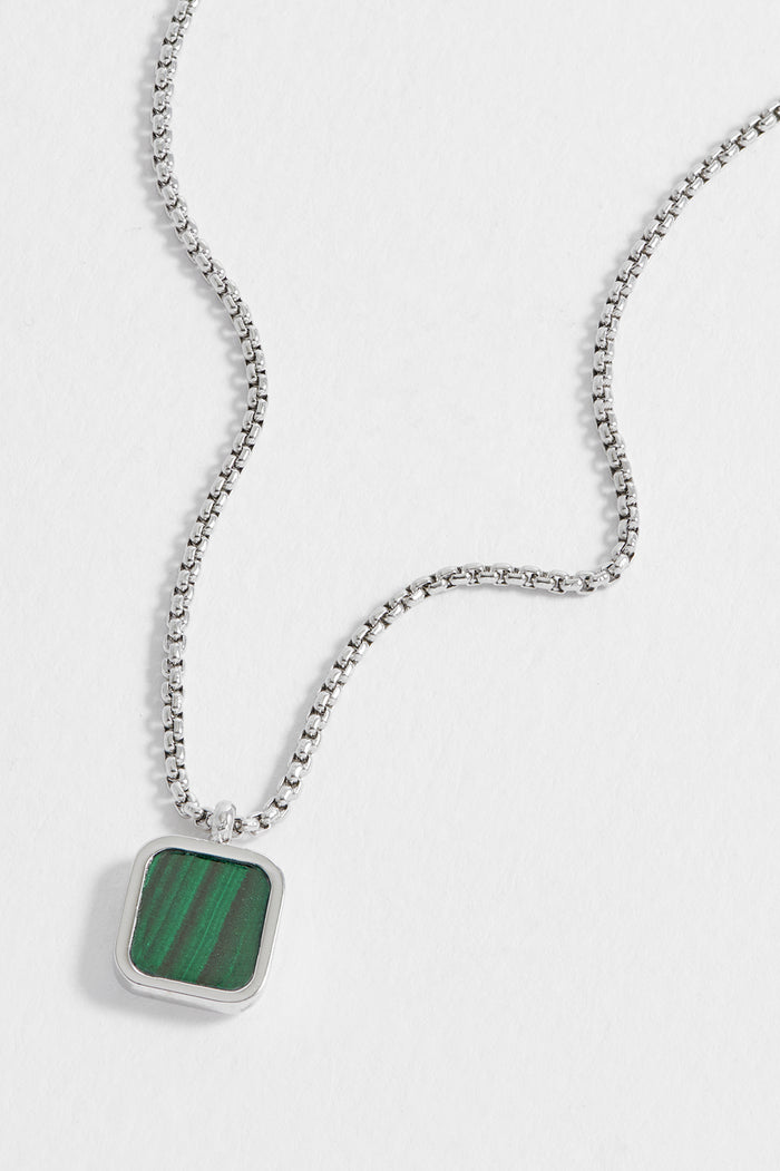 Estella Bartlett Men's Square Gemstone Pendant Necklace Waterproof PVD Rhodium Plated | Malachite