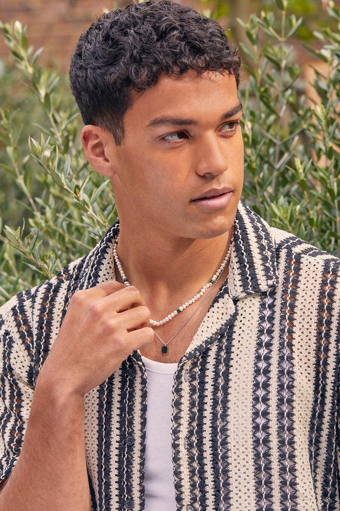 Estella Bartlett Men's Square Gemstone Pendant Necklace Waterproof PVD Rhodium Plated | Malachite