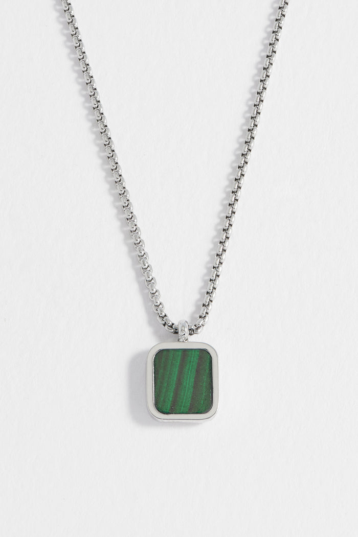 estella bartlett Men's Square Gemstone Pendant Necklace Waterproof PVD Rhodium Plated | Malachite
