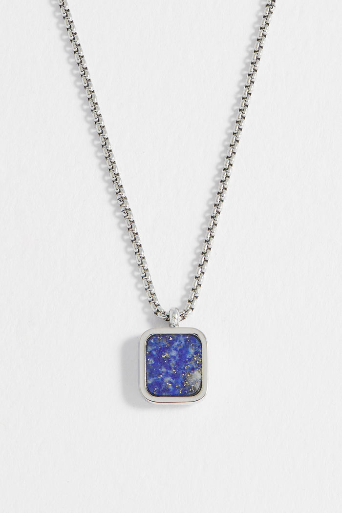 Estella Bartlett Men's Square Gemstone Pendant Necklace Waterproof PVD Rhodium Plated | Lapis