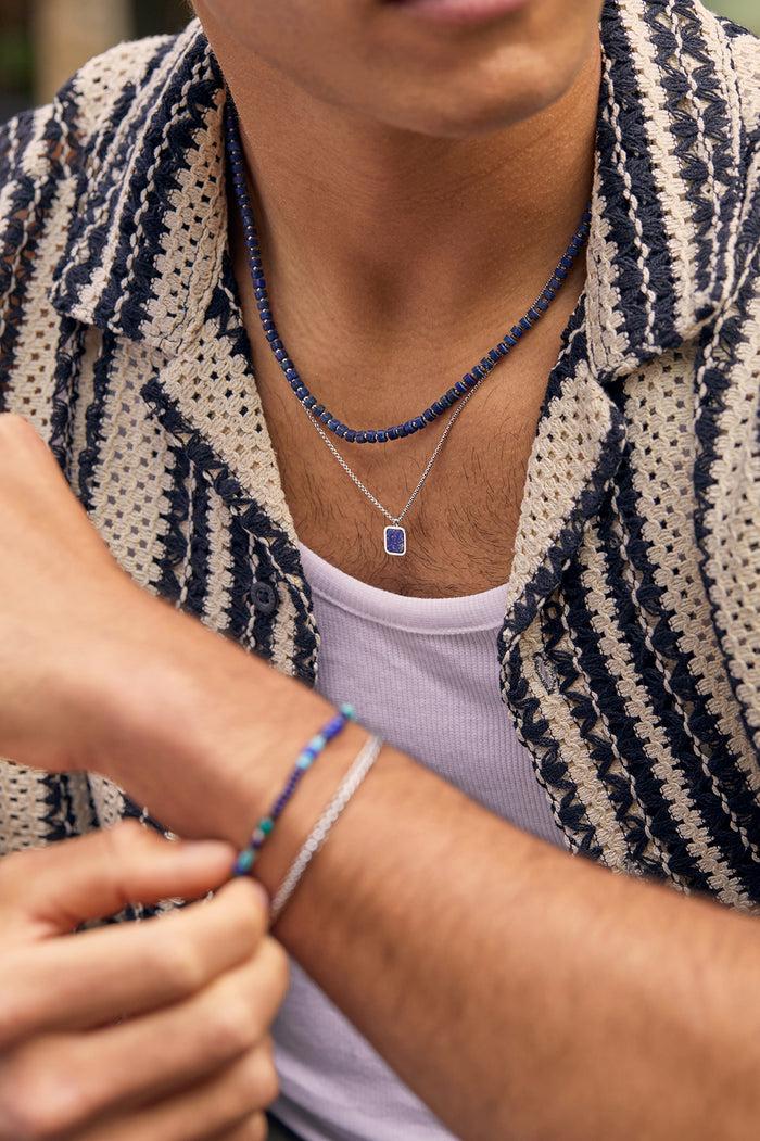 Estella Bartlett Men's Square Gemstone Pendant Necklace Waterproof PVD Rhodium Plated | Lapis