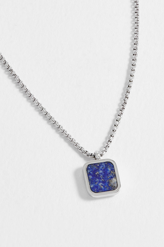 estella bartlett Men's Square Gemstone Pendant Necklace Waterproof PVD Rhodium Plated | Lapis