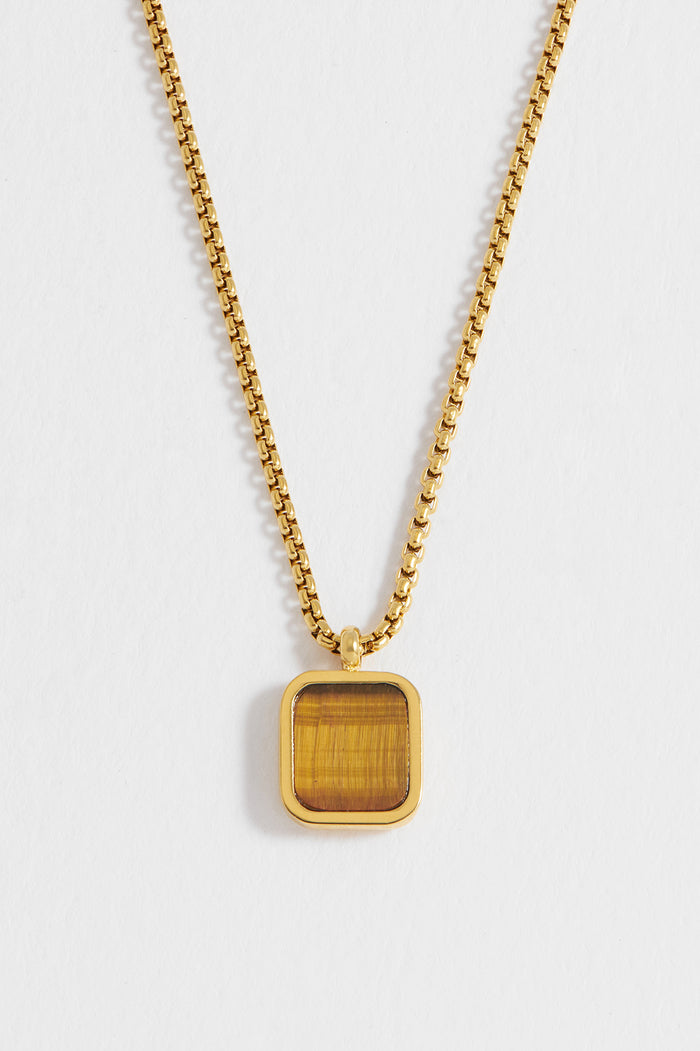 estella bartlett Men's Square Gemstone Pendant Necklace Waterproof PVD Gold Plated | Tigers Eye estella bartlett Men's Square Gemstone Pendant Necklace Waterproof PVD Gold Plated | Tigers Eye