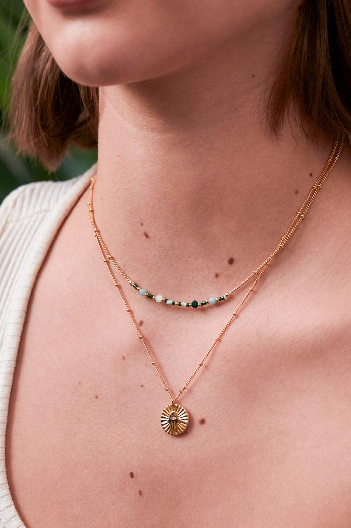 Estella Bartlett Mini Green Beaded Chain Necklace Gold Plated | Amazonite Packaging Message: Calm