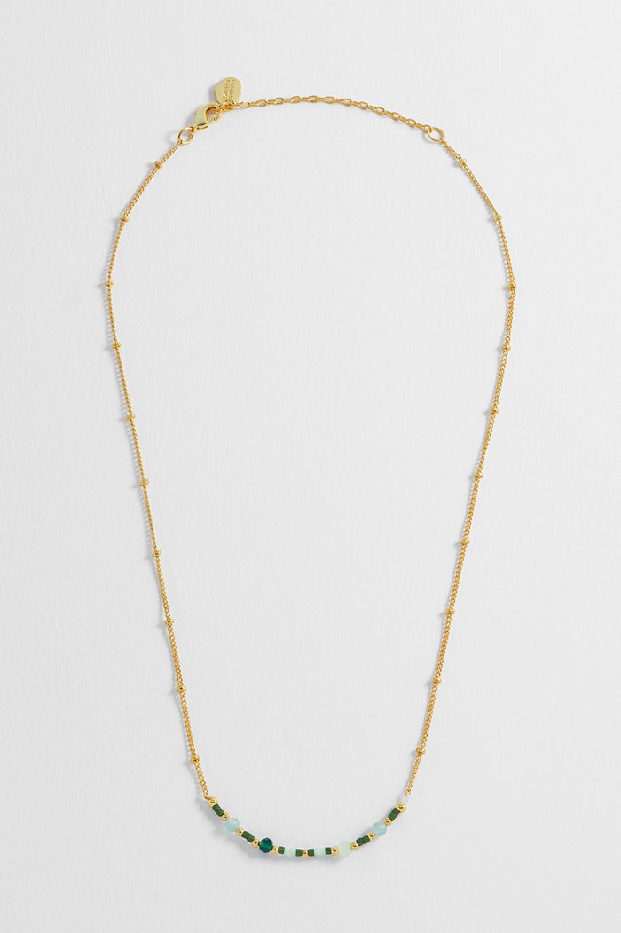 Estella Bartlett Mini Green Beaded Chain Necklace Gold Plated | Amazonite Packaging Message: Calm