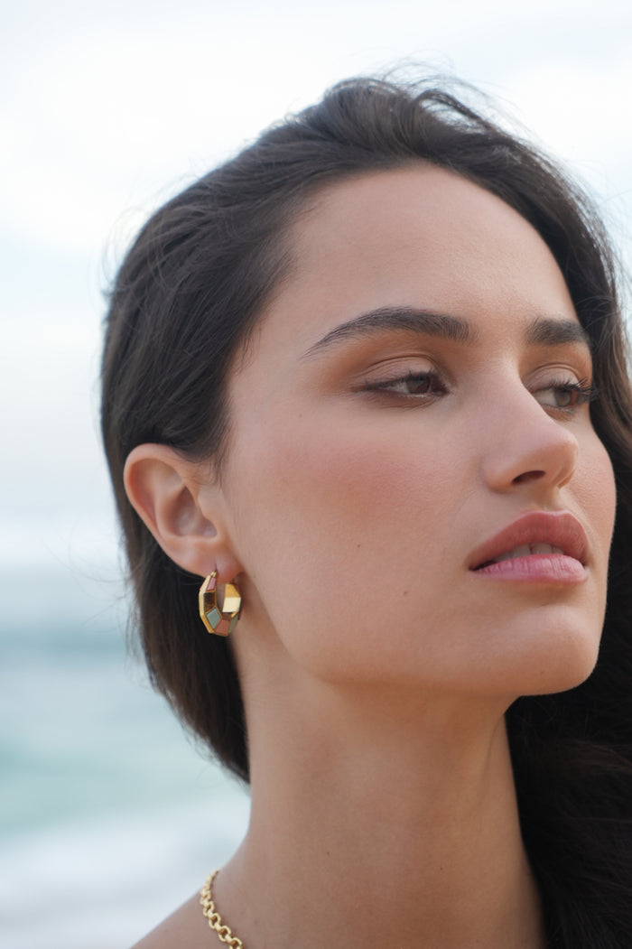 Estella Bartlett Mixed Gemstone Octagon Hinge Hoop Earrings Waterproof PVD Gold Plated | Mixed Gemstones