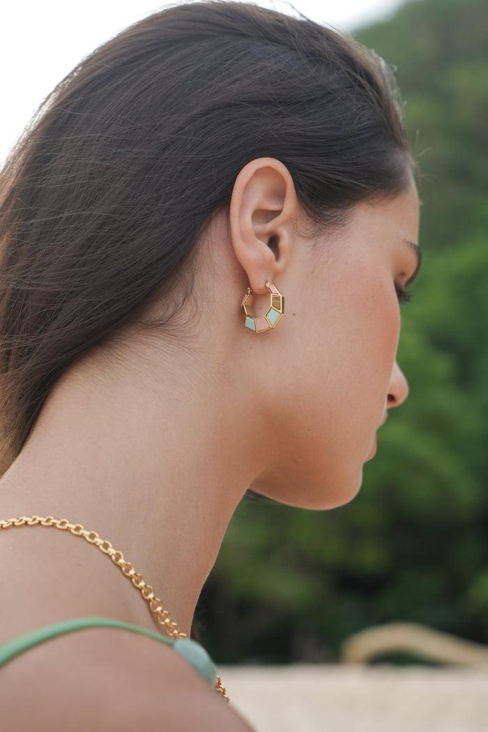 Estella Bartlett Mixed Gemstone Octagon Hinge Hoop Earrings Waterproof PVD Gold Plated | Mixed Gemstones