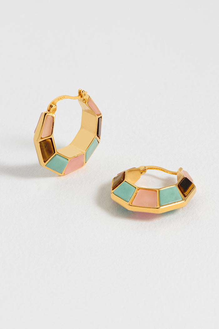 Estella Bartlett Mixed Gemstone Octagon Hinge Hoop Earrings Waterproof PVD Gold Plated | Mixed Gemstones