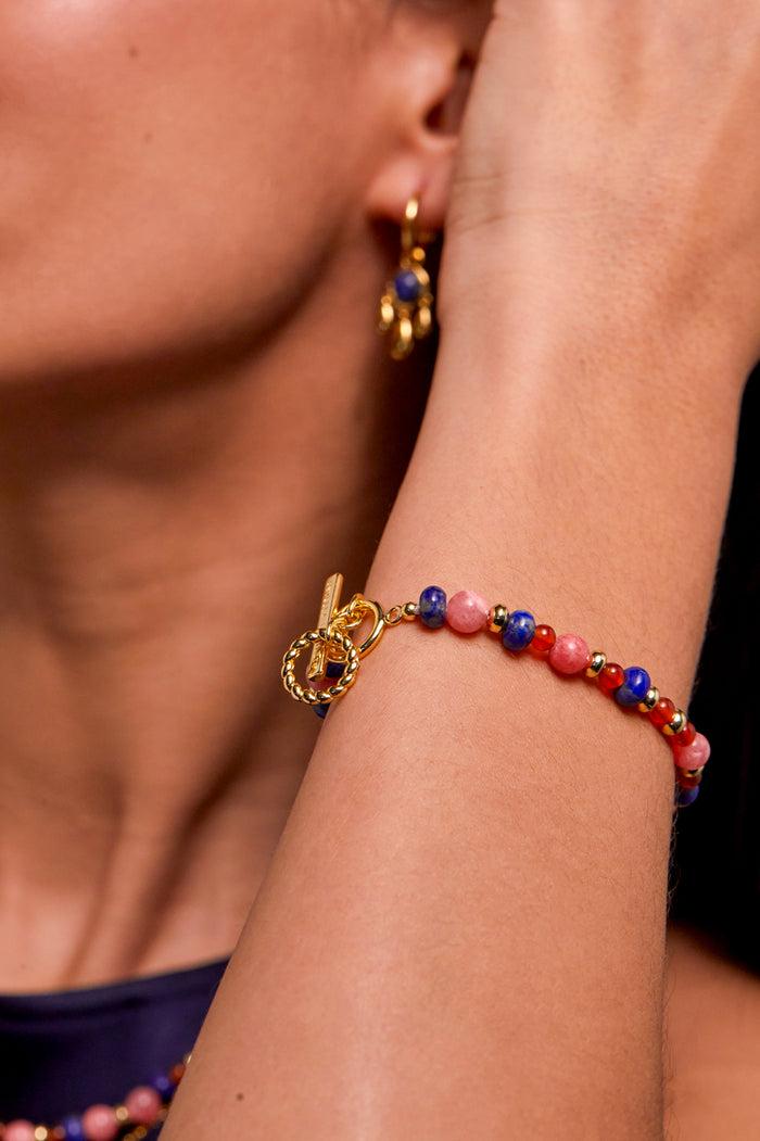 Estella Bartlett Mixed Gemstone T-Bar Bracelet Gold Plated | Lapis Red Agate And Rhodoschrite