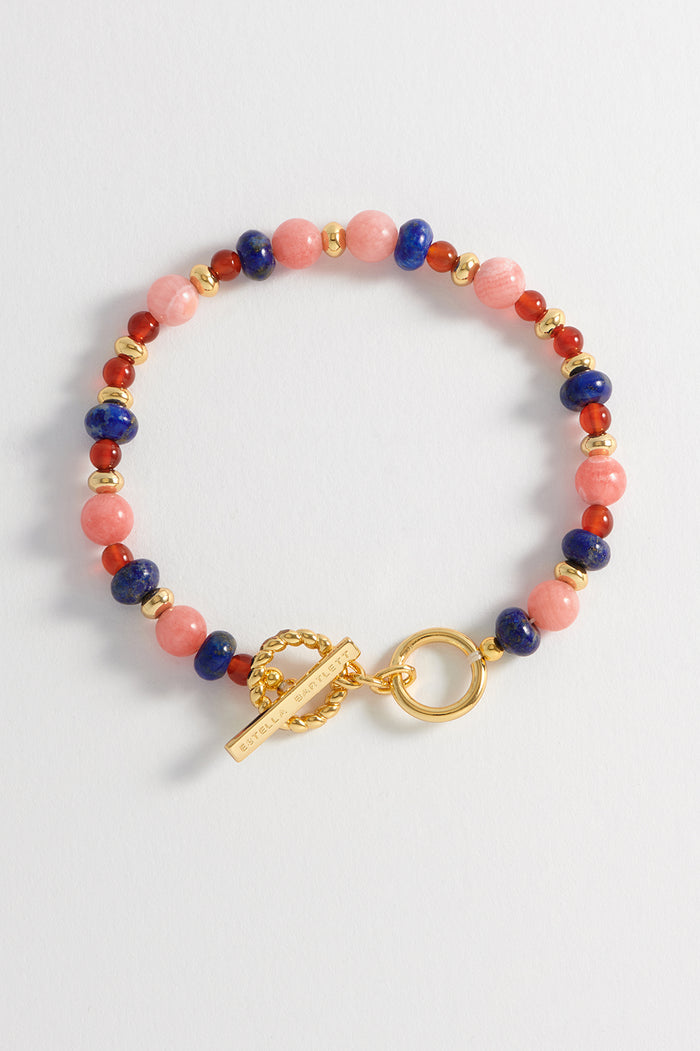 estella bartlett Mixed Gemstone T-Bar Bracelet Gold Plated | Lapis Red Agate and Rhodoschrite