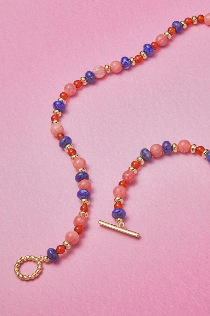 Estella Bartlett Mixed Gemstone T-Bar Necklace Gold Plated | Lapis Red Agate And Rhodoschrite