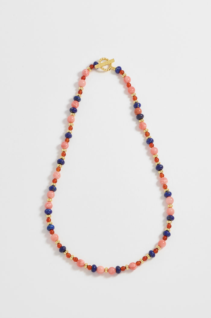 estella bartlett Mixed Gemstone T-Bar Necklace Gold Plated | Lapis Red Agate and Rhodoschrite