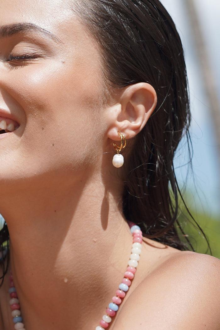 Estella Bartlett Molton Pearl Double Hoop Earrings Waterproof PVD Gold Plated | Pearl