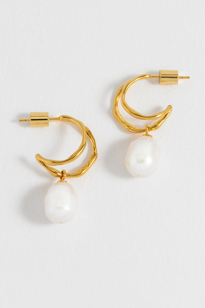 estella bartlett Molton Pearl Double Hoop Earrings Waterproof PVD Gold Plated | Pearl