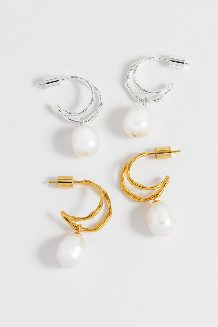 Estella Bartlett Molton Pearl Double Hoop Earrings Waterproof PVD Silver Plated | Pearl