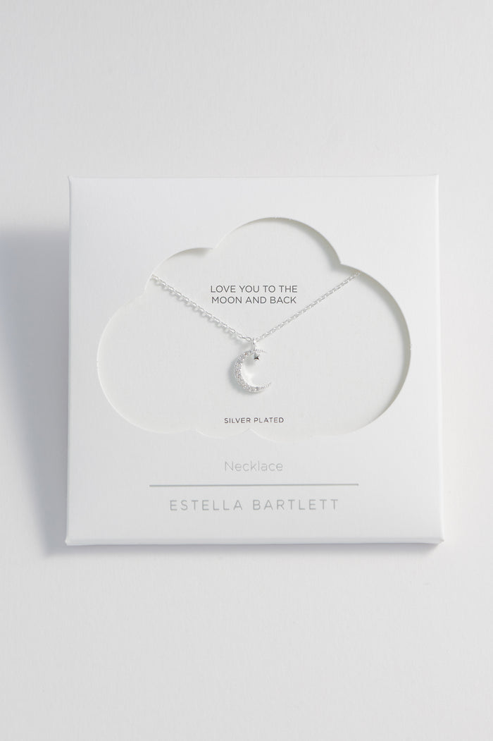 estella bartlett Moon and Star Necklace Silver Plated Packaging Message: Love You to the Moon and Back