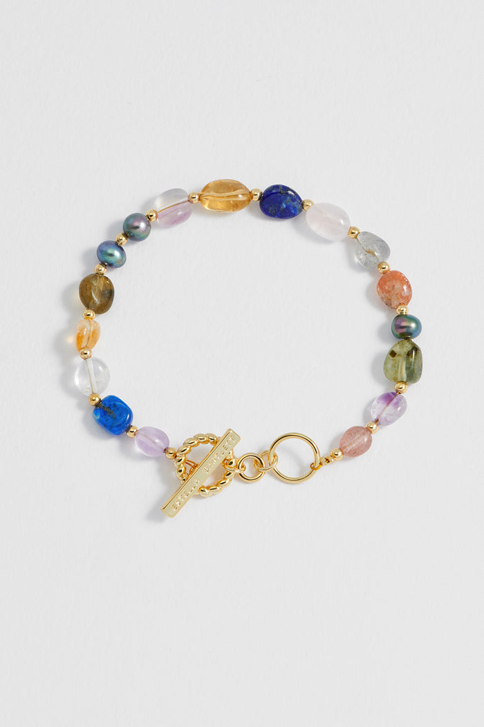 estella bartlett Multi Beaded T Bar Bracelet Gold Plated | Mixed Gemstones