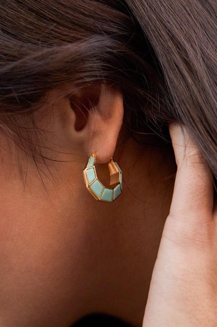 Estella Bartlett Octagon Hinge Hoop Earrings Waterproof PVD Gold Plated | Green Quartz