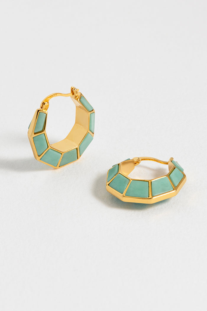 Estella Bartlett Octagon Hinge Hoop Earrings Waterproof PVD Gold Plated | Green Quartz