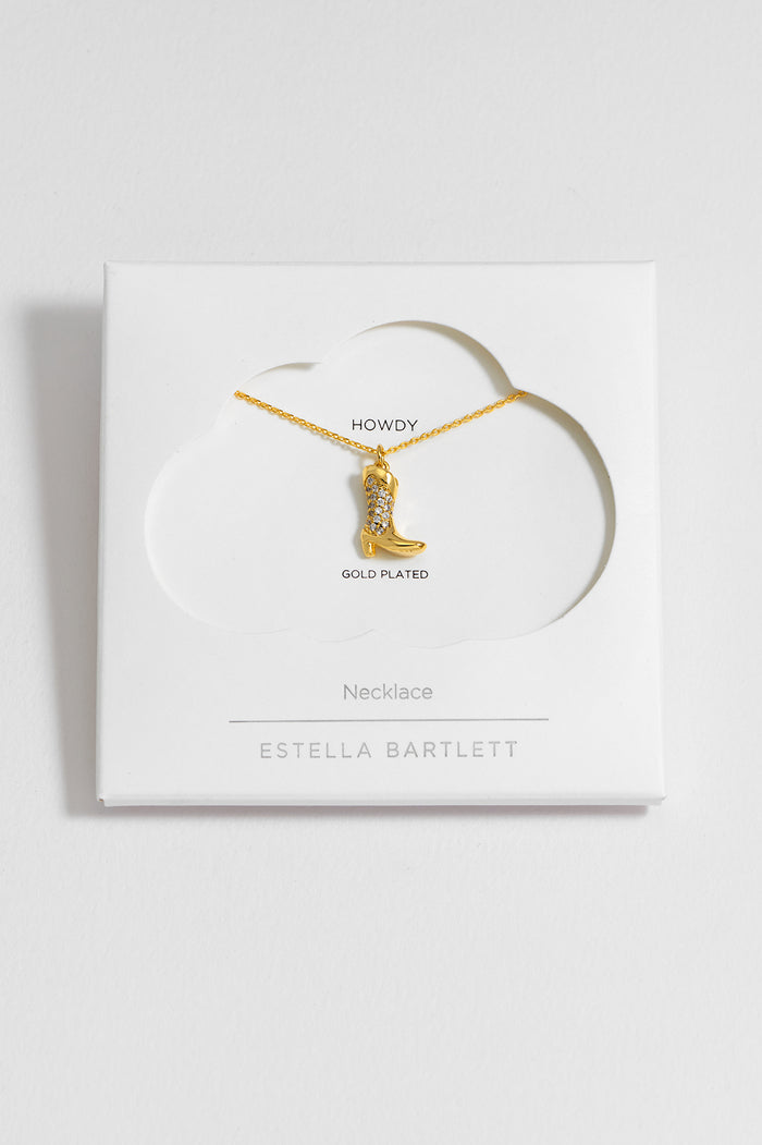 estella bartlett Pave Cowboy Boot Necklace Gold Plated Packaging Message: Howdy