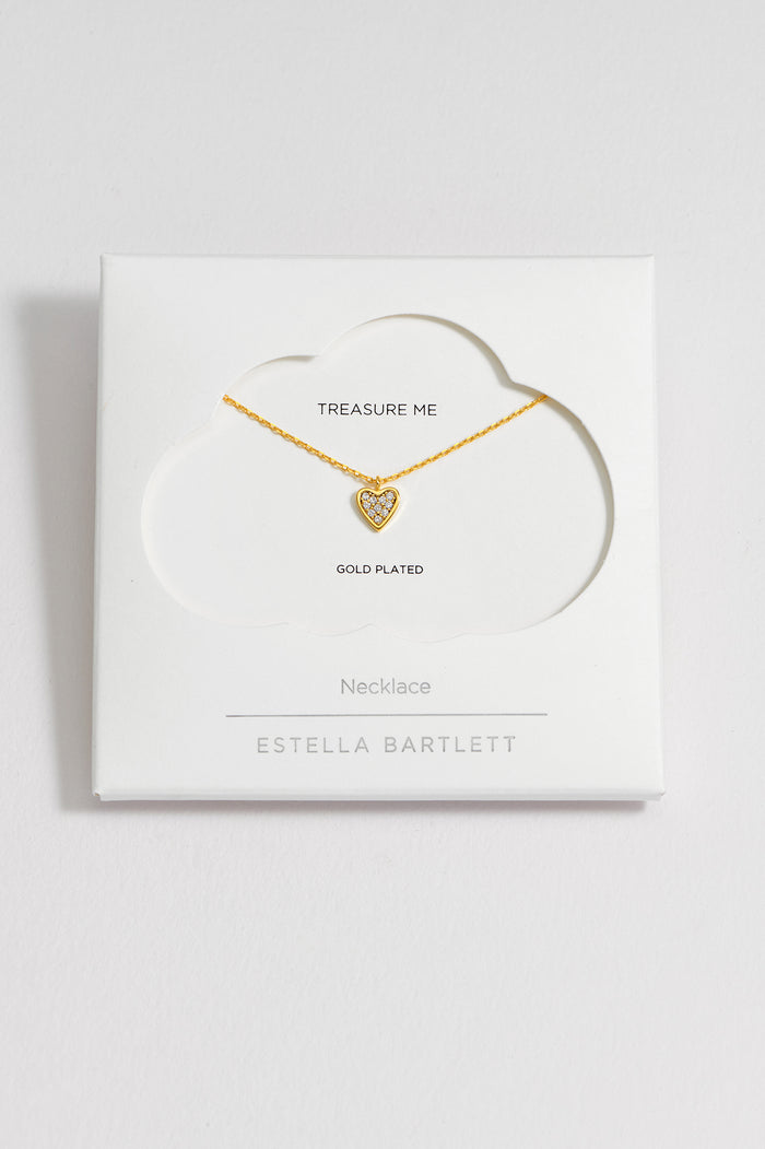 estella bartlett Pave Mini Heart Necklace Gold Plated Packaging Message: TREASURE ME