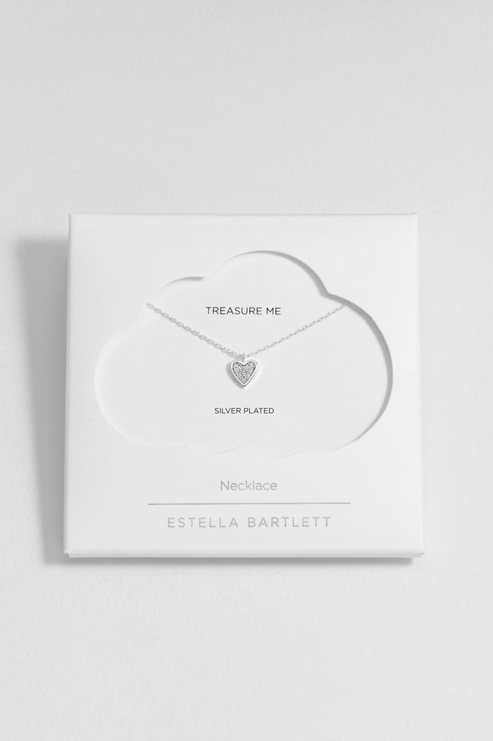 estella bartlett Pave Mini Heart Necklace Silver Plated Packaging Message: TREASURE ME