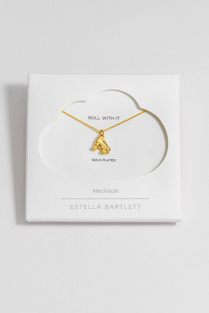 estella bartlett Pave Roller Skate Necklace Gold Plated Packaging Message: Roll With It