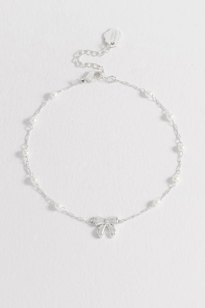 Estella Bartlett Pearl Bow Beaded Chain Bracelet Silver Plated Packaging Message: DEAR DARLING