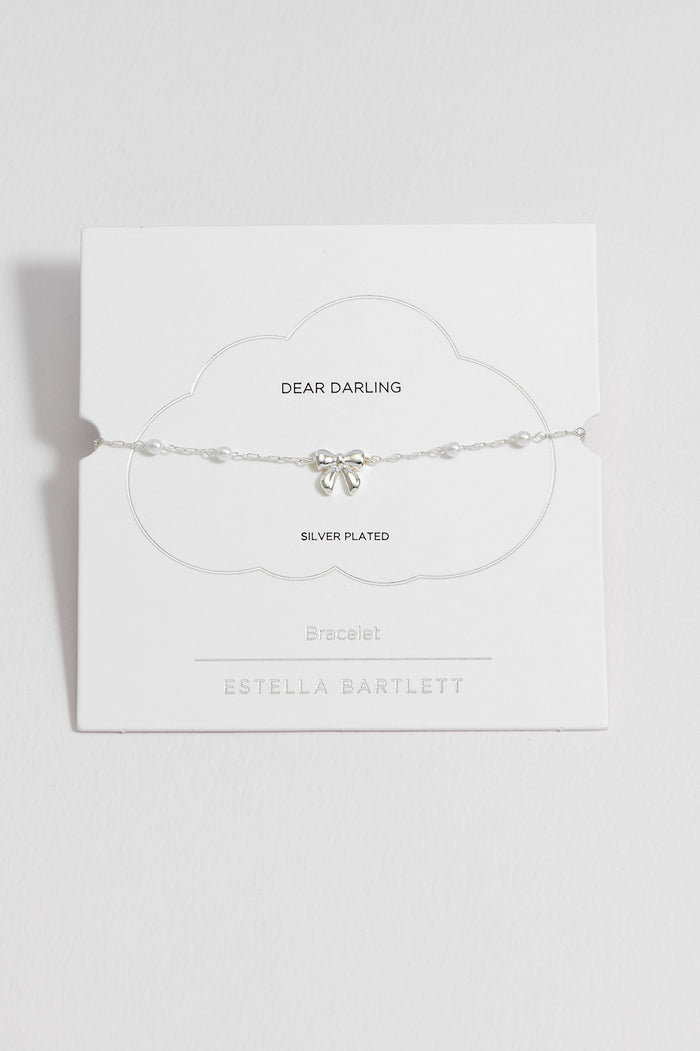 estella bartlett Pearl Bow Beaded Chain Bracelet Silver Plated Packaging Message: DEAR DARLING