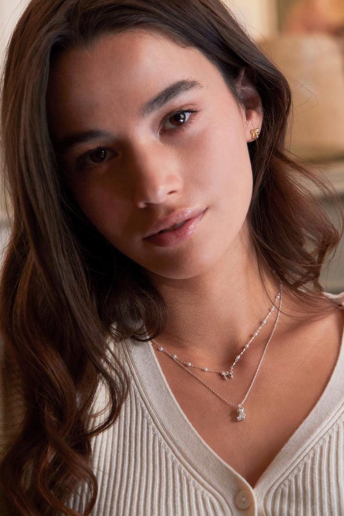 Estella Bartlett Pearl Bow Necklace Silver Plated | Pearl Packaging Message: DEAR DARLING