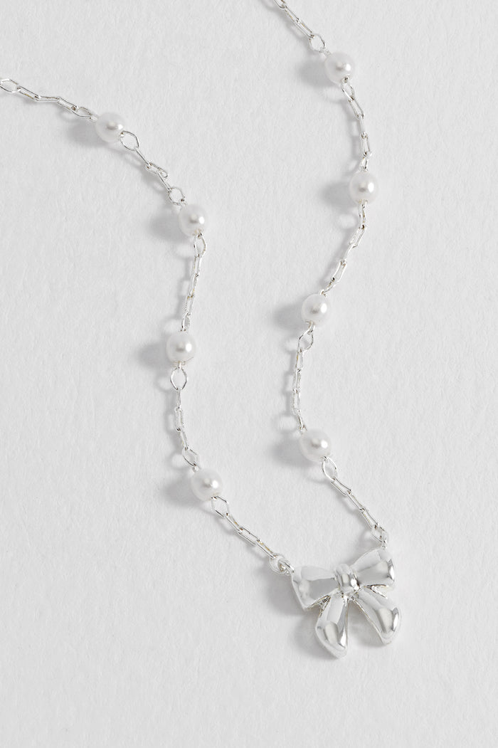 Estella Bartlett Pearl Bow Necklace Silver Plated | Pearl Packaging Message: DEAR DARLING