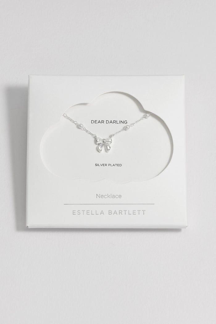 estella bartlett Pearl Bow Necklace Silver Plated | Pearl Packaging Message: DEAR DARLING