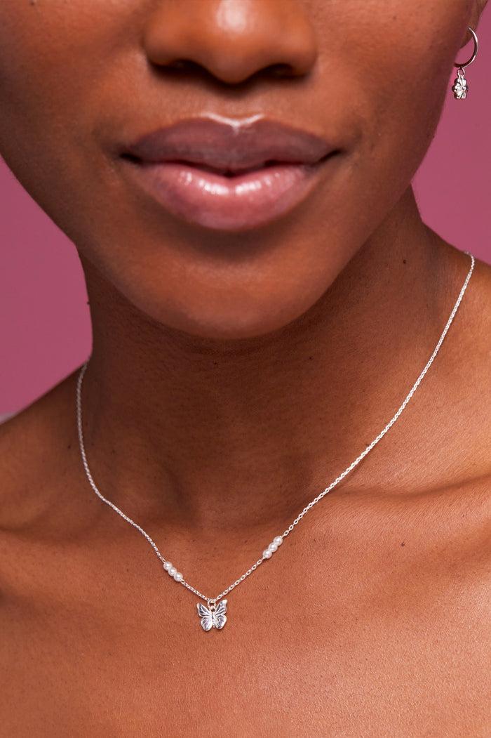 Estella Bartlett Pearl Butterfly Pendant Necklace Silver Plated | Pearl Packaging Message: Dreamer