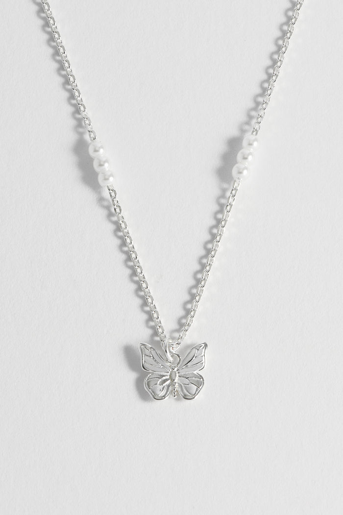 Estella Bartlett Pearl Butterfly Pendant Necklace Silver Plated | Pearl Packaging Message: Dreamer