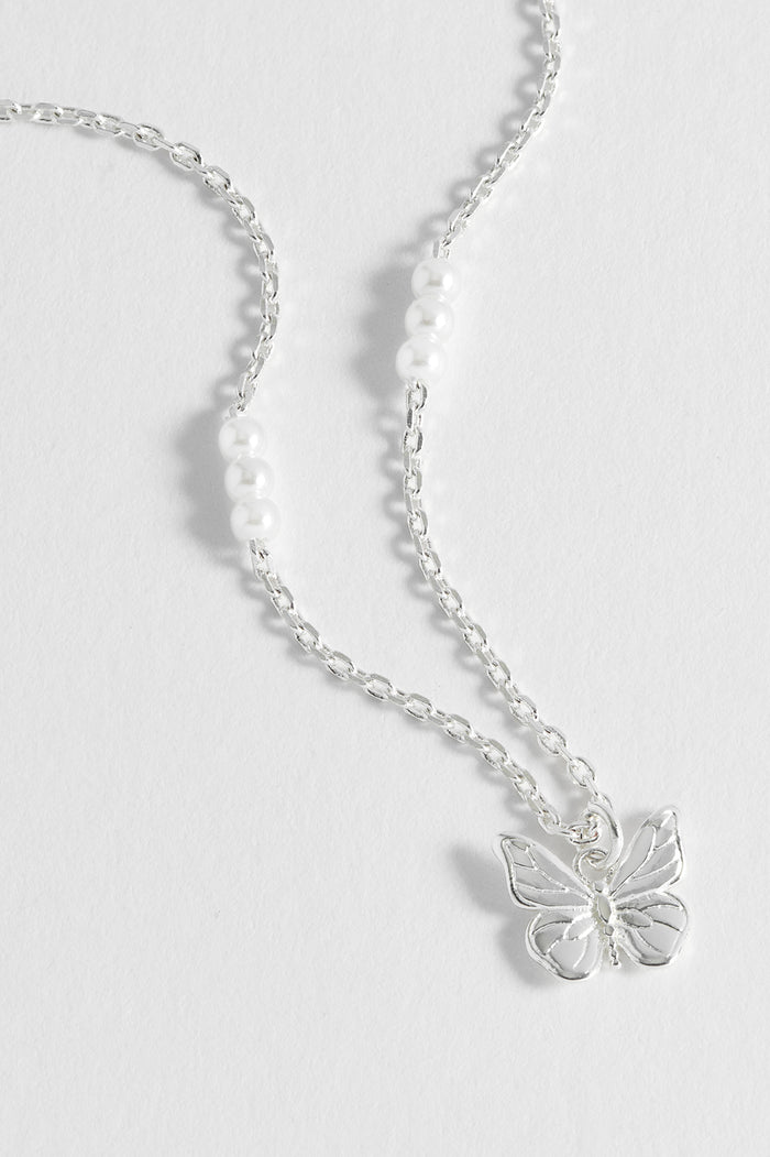 Estella Bartlett Pearl Butterfly Pendant Necklace Silver Plated | Pearl Packaging Message: Dreamer