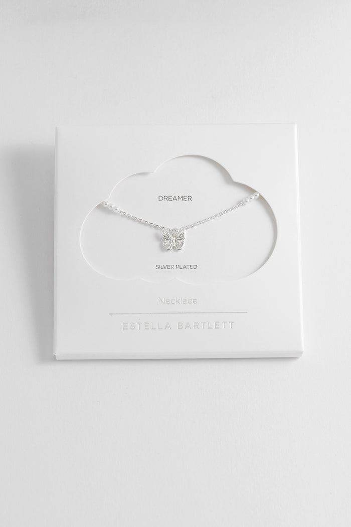 estella bartlett Pearl Butterfly Pendant Necklace Silver Plated | Pearl Packaging Message: Dreamer