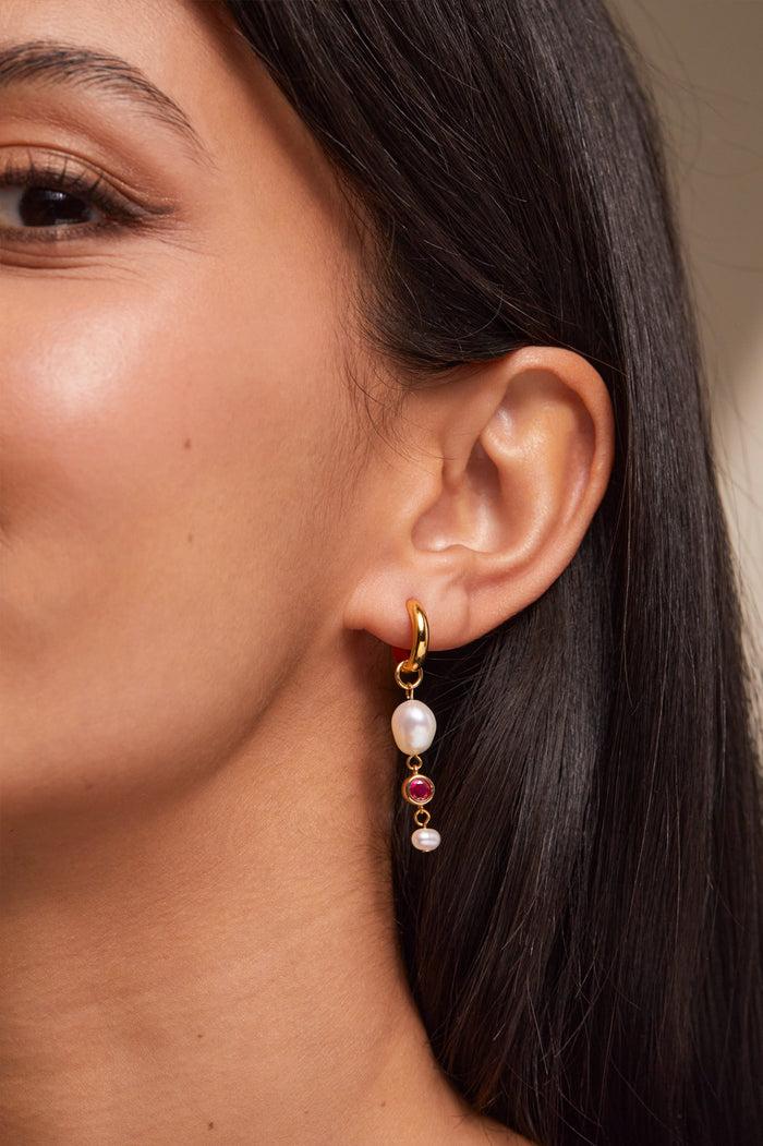 Estella Bartlett Pearl CZ Drop Hoop Earrings Gold Plated | Pink