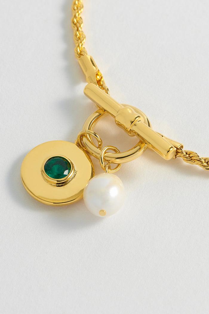Estella Bartlett Pearl CZ T-Bar Rope Bracelet Gold Plated | Green