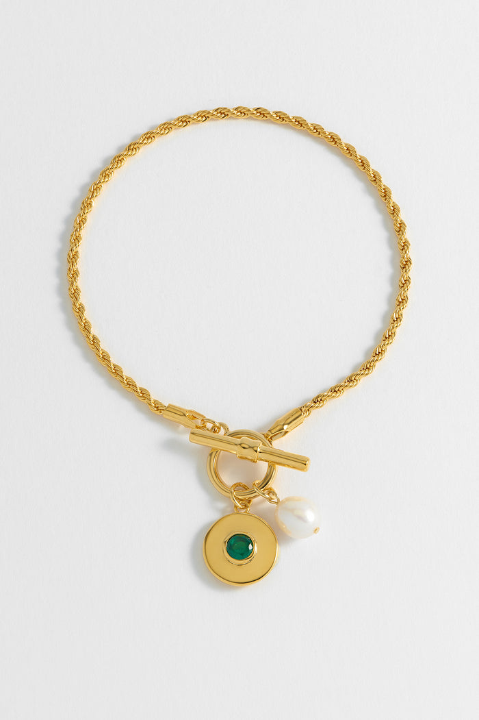 estella bartlett Pearl CZ T-Bar Rope Bracelet Gold Plated | Green