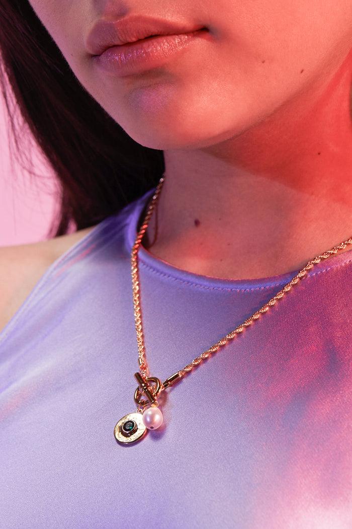 Estella Bartlett Pearl CZ T-Bar Rope Necklace Gold Plated | Green