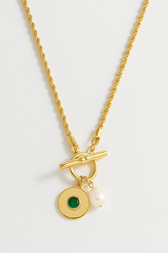 Estella Bartlett Pearl CZ T-Bar Rope Necklace Gold Plated | Green
