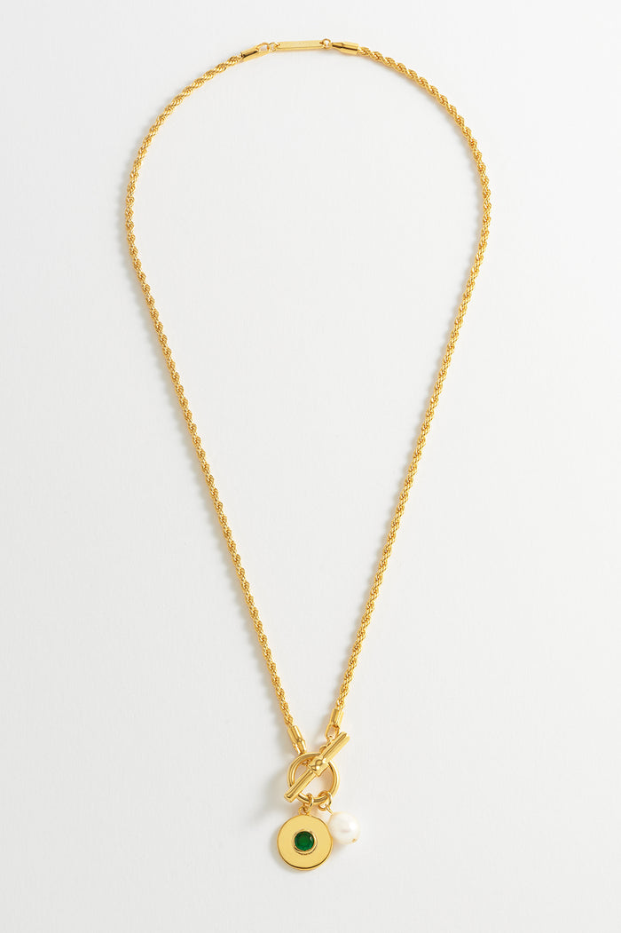 Estella Bartlett Pearl CZ T-Bar Rope Necklace Gold Plated | Green