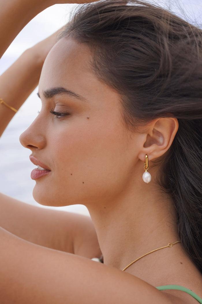 Estella Bartlett Pearl Drop Link Earrings Waterproof PVD Gold Plated | Pearl