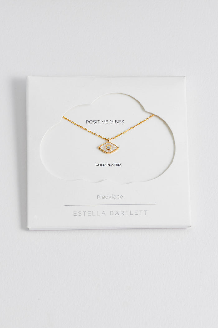 estella bartlett Pearl Evil Eye Necklace Gold Plated | Pearl Packaging Message: Positive Vibes
